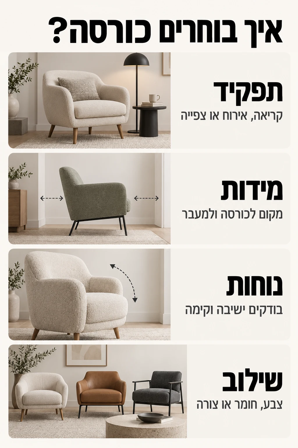 איך בוחרים כורסה מעוצבת לסלון - תפקיד, מידות, נוחות ושילוב עם הריהוט הקיים